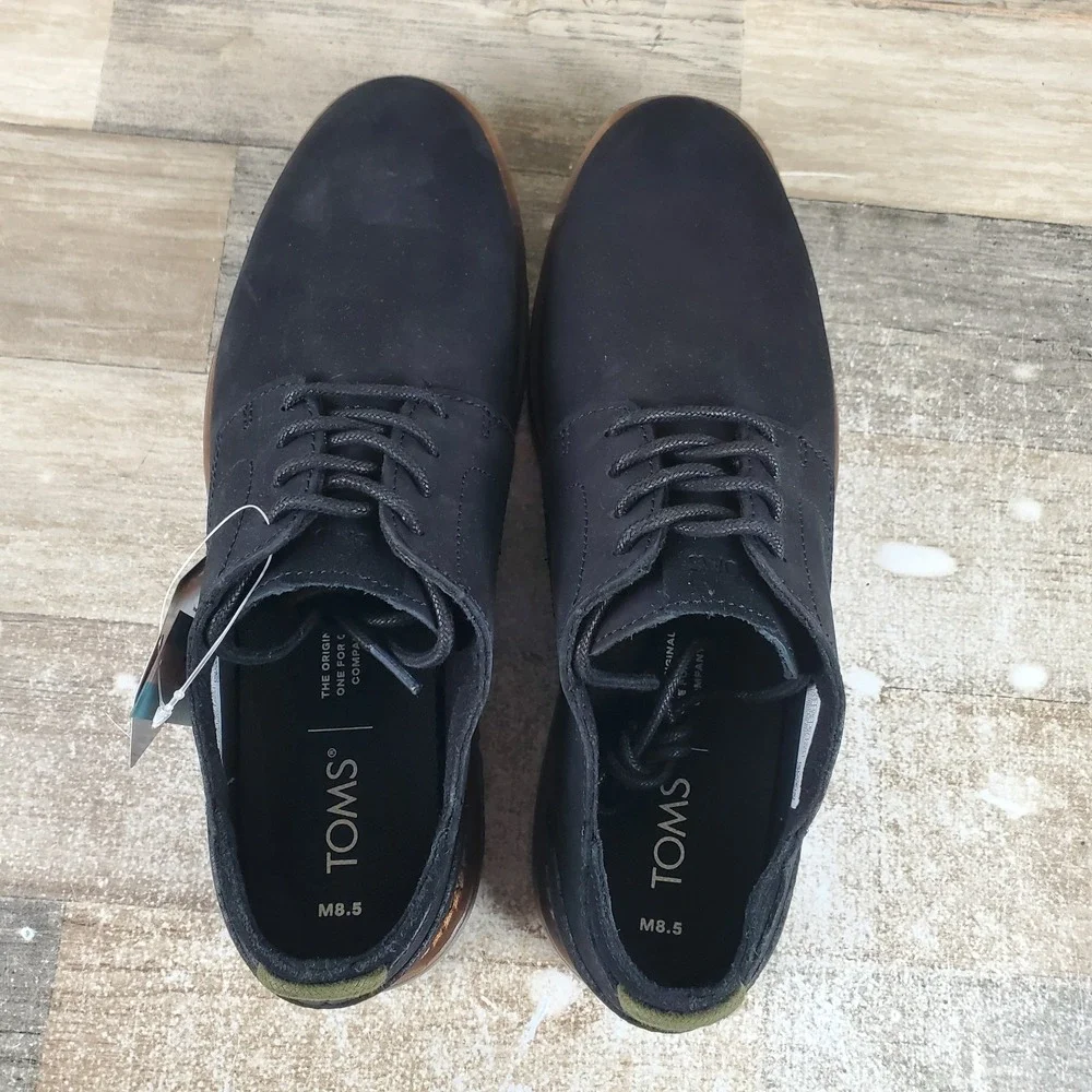 Toms Navi Mens Dress Shoes Sz 8.5 D Casual Black Leather Suede Lace Up Oxford